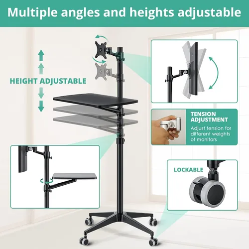 Vista 3 de Viozon Escritorio móvil, estación de trabajo móvil, soporte de suelo para portátil multiuso, altura ajustable de 34 a 48.6 pulgadas, compatible