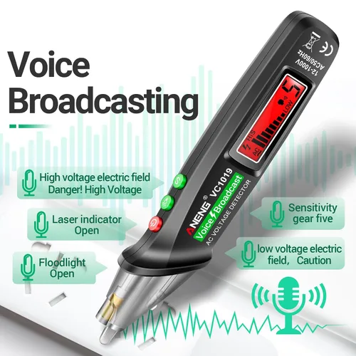 Vista 2 de ANENG - Probador de voltaje con transmisión de voz sin contacto con rango de CA 12V-1000V, herramientas eléctricas de cables vivo/nulo con pantalla