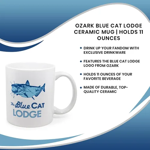 Vista 6 de Surreal Entertainment Exclusiva taza de café de cerámica blanca con logotipo de gato azul de Ozark, colección oficial de televisión, juego de cocina