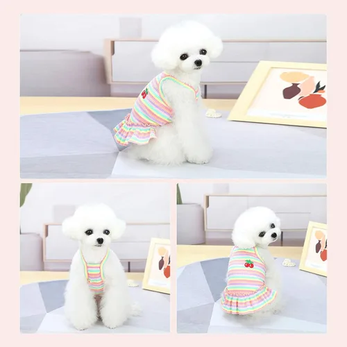 Vista 2 de Lindo vestido de perro para perros pequeños y niña, ropa de cumpleaños, ropa de primavera y verano, trajes de perro, arco iris, colorido, a rayas