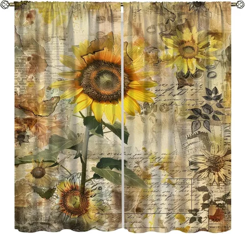 Vista 23 de Sunflower Curtains for Living Room Bedroom, Spring Nature Blue Sky and Butterfly Window Drapes, Rustic Wooden Fence Floral Botanical Decor, 2 Panels