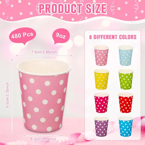Vista 2 de Potchen Paquete de 480 vasos desechables de papel de 9 onzas para enjuague bucal para bebidas frías con lunares para enfriadores de agua, fiestas