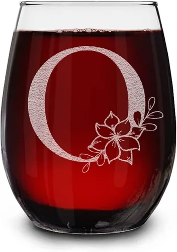 Vista 19 de Copa de vino sin tallo, con monograma floral, grabada con láser, 15 onzas, regalo inicial personalizado para ella (B)