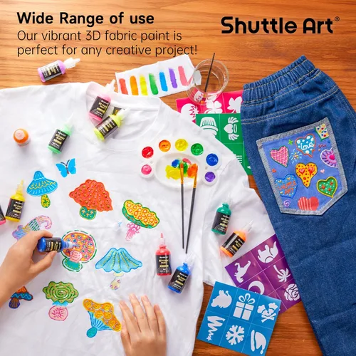 Vista 4 de Shuttle Art Pintura para Tela, 24 Colores de Pintura 3D Permanente con Pinceles, Paleta, Pluma, Lámina de Tela, Plantillas, Brilla en la Oscuridad