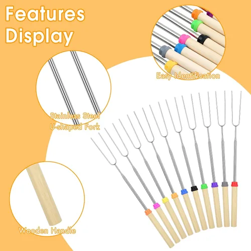 Vista 3 de 6 paquetes de pinchos para s'mores, 81 centímetros de pinchos para malvaviscos para fogata, pinchos extensibles para asar con bolsa, tenedor