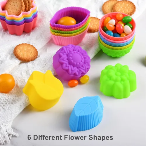 Vista 4 de 36 forros de silicona para cupcakes, tazas para hornear con múltiples formas de flores, moldes de silicona reutilizables de tamaño mini de 2 pulgadas