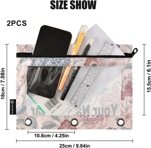 Vista 3 de Kigai Estuche para lápices de texto personalizado para carpetas de 3 anillas, crisantemo, con cremallera, con ventana transparente, estuche