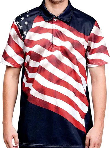 Vista 3 de HIVICHI Camisas de golf para hombre, polo para hombre, camiseta polo divertida patriótica con bandera estadounidense, camisas con vuelo, ajuste