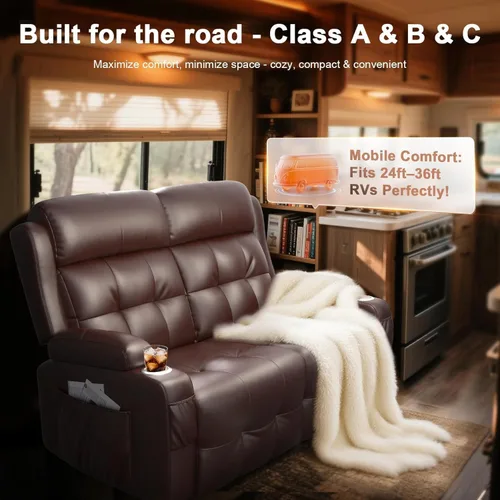 Vista 4 de Sofá reclinable manual de dos plazas, sofá reclinable de pared con masaje, puertos USB y tipo C, almacenamiento, portavasos, sofá RV para sala