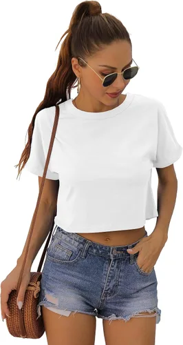 Vista 7 de Blusa corta de verano para mujer, manga corta, cuello redondo, ajuste holgado, blusa casual
