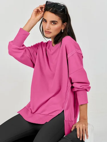 Vista 6 de Caracilia Sudadera de gran tamaño para mujer, cuello redondo, manga larga, sudadera con capucha, ropa de otoño a la moda