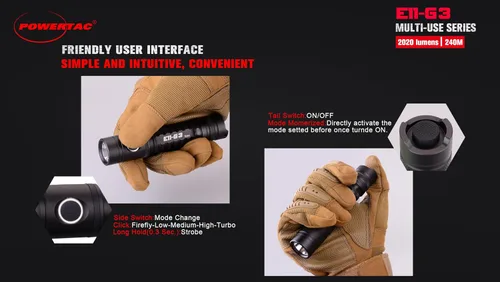 Vista 4 de PowerTac Linterna recargable E11-G3 de 2020 lúmenes, carga USB tipo C, resistente al agua IPX8, 6 modos, clip de bolsillo de acero reversible