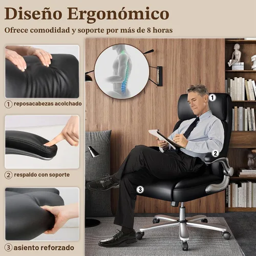 Vista 4 de Silla de oficina ejecutiva, silla de escritorio ergonómica, silla de computadora cómoda resistente de 500 libras con soporte lumbar ajustable