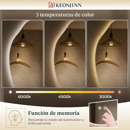 Vista 3 de Keonjinn Espejo de baño retroiluminado asimétrico de 22 x 30 pulgadas con luces, espejo LED irregular con vidrio templado HD, controlador LED