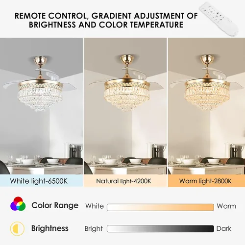 Vista 2 de Ventilador de techo de cristal dorado de 42 pulgadas con luces Lámpara de araña LED moderna retráctil con control remoto para sala de estar CMCF Oro