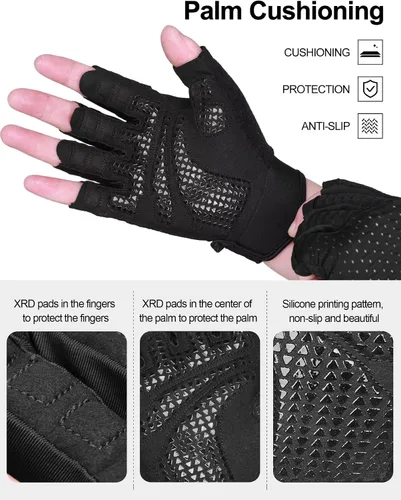Vista 4 de Guantes de entrenamiento para hombres y mujeres, guantes de gimnasio de medio dedo, absorbentes de golpes, guantes de ejercicio antideslizantes