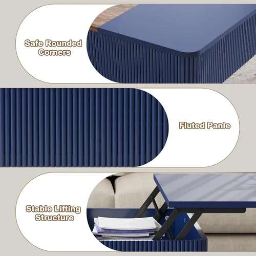 Vista 7 de HLR Mesa auxiliar de doble elevación de 47 pulgadas con almacenamiento, moderna mesa de centro de madera acanalada con compartimento oculto, mesa