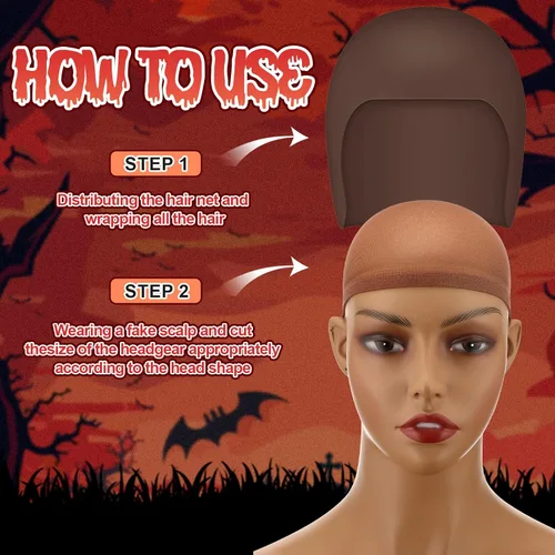 Vista 6 de Syhood 2 piezas de Halloween calva gorra maquillaje látex calvo sombrero cabeza peluca gorras cosplay disfraz para adultos