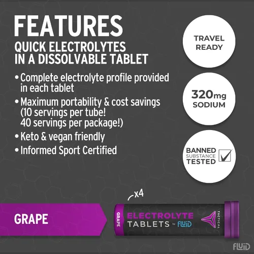 Vista 2 de Fluid Tactical - 40 tabletas de electrolitos efervescentes Uva 320 mg de sodio, 160 mg de potasio Prevención de deshidratación y recuperación