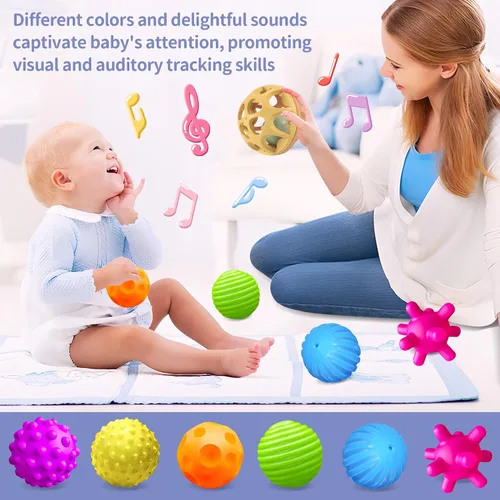 Vista 7 de Bolas sensoriales para bebés, paquete de 6, pelota para niños pequeños de 1 a 3, juguetes Montessori suaves y texturizados para bebés de 6 a 12