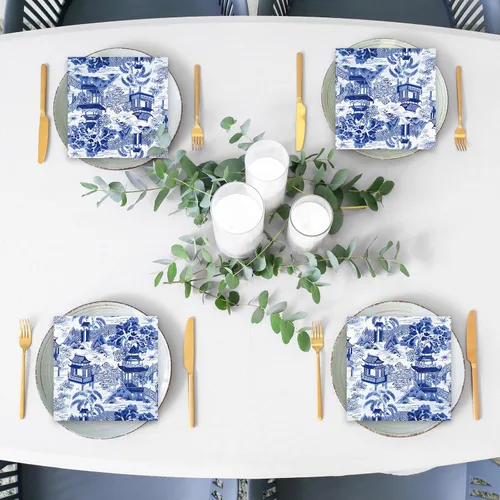 Vista 7 de 80 servilletas de papel desechables de cóctel toscano, servilletas de papel azul y blanco para bebidas para el hogar, fiesta, suministros de mesa