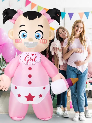 Vista 5 de Poen Disfraz inflable de bebé de 2 piezas para adultos, disfraz gigante de revelación de género, disfraz de bebé niño y niña, disfraz para fiesta