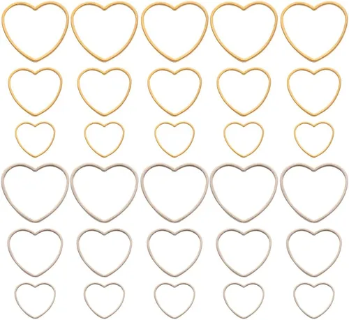 Vista 34 de FASHEWELRY 35 anillos de acero inoxidable con eslabones de corazón, 4 tamaños, diseño de corazón dorado, bisel abierto, conectores para colgar