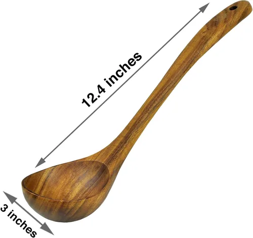 Vista 4 de Cucharón de madera para cocinar, cuchara de sopa - Cuchara de madera de teca, mango de 12.4 pulgadas, tamaño mediano de 2 onzas, ecológico, natural