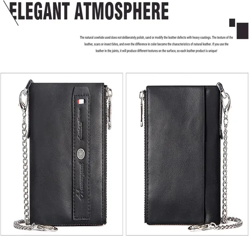 Vista 2 de Cartera de cuero genuino para hombre con cadena antirrobo, bloqueo RFID, tarjetero multifuncional con cierre RFID, bolsillo con cremallera