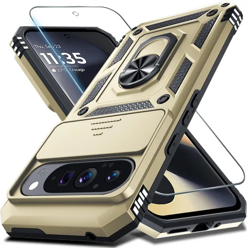 Vista 12 de Janmitta - Funda compatible con Google Pixel 9 Pro XL con cubierta deslizante para lente de cámara incorporada + protector de pantalla + soporte