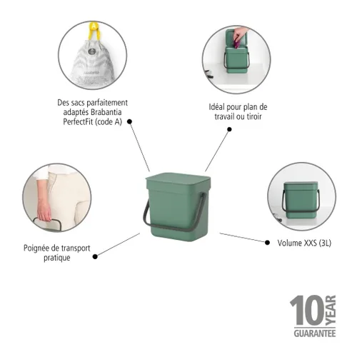 Vista 2 de Brabantia Sort & Go Recipiente de Residuos de 0.8 Galones (Verde Abeto) Cubo de Reciclaje Eficiente en Espacio con Asa, Tapa Extraíble y que