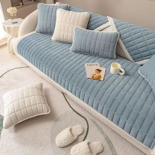 Vista 2 de vctops Funda de sofá acolchada de terciopelo con diseño de cuadros supersuave y antideslizante para sofá seccional, funda de sofá de estilo granja