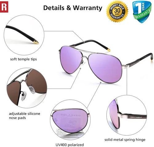 Vista 4 de ROCKNIGHT Lentes de sol polarizados estilo aviador para hombres y mujeres, lentes de sol con parte superior plana de metal, ligeras