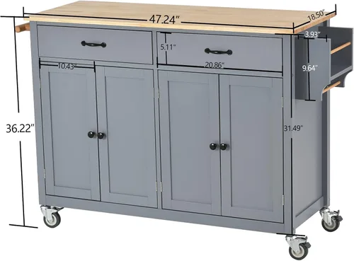 Vista 4 de LUMISOL Carrito móvil de isla de cocina con gabinete sobre ruedas, carrito rodante con tapa de madera de caucho, cajones, toallero y estante