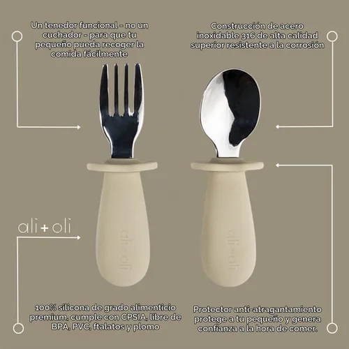 Vista 2 de Ali+Oli Juego de aprendizaje de cuchara y tenedor para niños pequeños (caqui) de 6 meses (caqui), mango de silicona de grado alimenticio, fácil