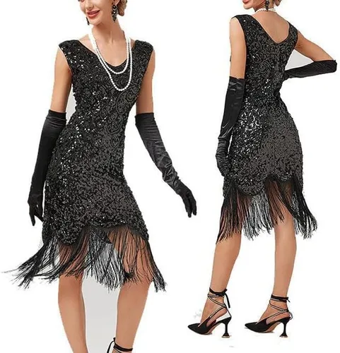 Vista 2 de Vestido sexy de fiesta de Nochevieja, vestido de lentejuelas de color sólido con flecos, vestido de lentejuelas para mujer