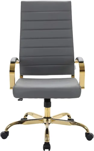 Vista 4 de LeisureMod Silla de oficina moderna de cuero con respaldo alto, silla de escritorio ejecutiva giratoria y ajustable con marco dorado, diseño Gris