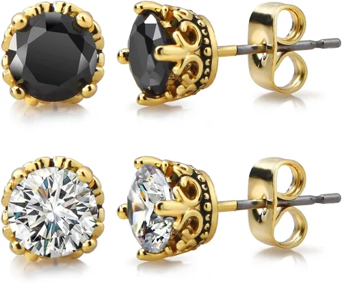 Vista 5 de Aretes negros y dorados para hombres y mujeres, con corona retro, hipoalergénicos, de acero inoxidable, con circonita cúbica