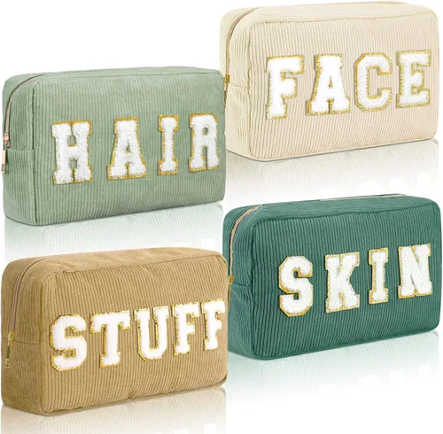 Vista 7 de Pinkunn 4 Piezas Bolsas de Maquillaje Preppy Bolsas de Chenilla con Letras de Viaje Organizador Facial Piel Cabello Higiene Cosmética Bolsa de Aseo