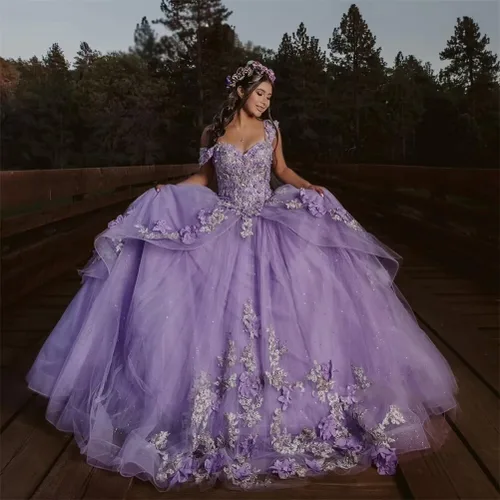 Vista 3 de Mauuwy Vestidos de quinceañera florales en 3D, vestido de baile de tul brillante hinchado dulce 16 vestidos de encaje con hombros descubiertos