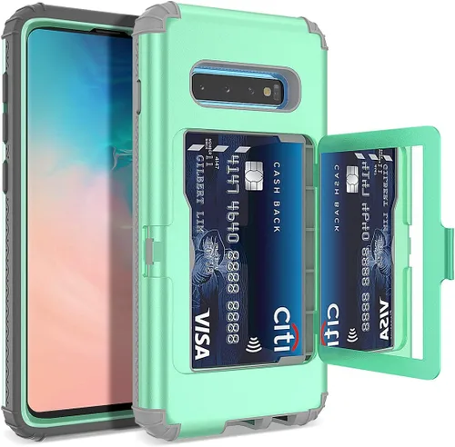 Vista 10 de WeLoveCase Funda tipo cartera para Galaxy S10 Defender con espejo oculto, tres capas a prueba de golpes, protección resistente, funda protectora