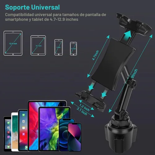 Vista 4 de Cup Holder Car Tablet Mount, Universal 360° Rotation Adjustable Long Arm Holder Stand for iPad Pro 12.9/11/10.5/9.7/Air/Mini 6/5/4, Galaxy Tab/Z