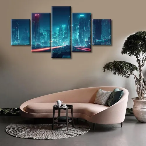Vista 195 de Cuadros de 5 paneles de Cyberpunk City, arte de pared, representación de vallas publicitarias, edificios modernos en la capital con obras de arte