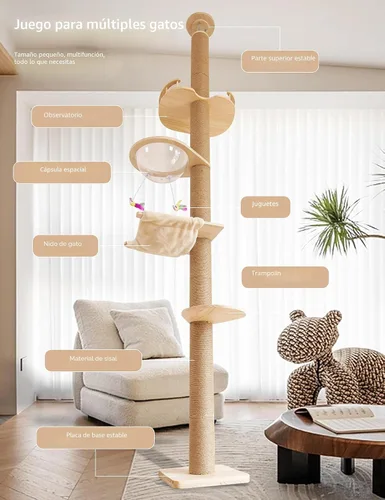 Vista 4 de Árbol para gatos del piso al techo con poste rascador de cuerda de sisal natural, altura ajustable (55-119 pulgadas), árbol de actividades