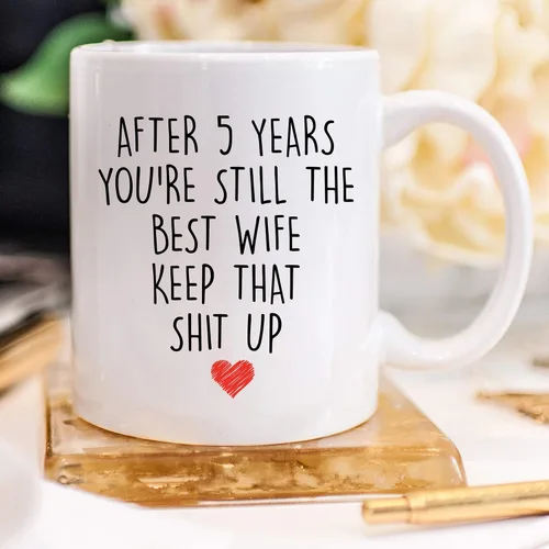 Vista 3 de YouNique Designs Taza de café de aniversario de 5 años para ella, 11 onzas, 5ª taza de aniversario de boda para esposa, cinco años, quinto año, 5º