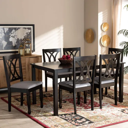 Vista 6 de Baxton Studio Petrina - Juego de comedor tapizado de tela gris, madera con acabado marrón expreso, 7 piezas