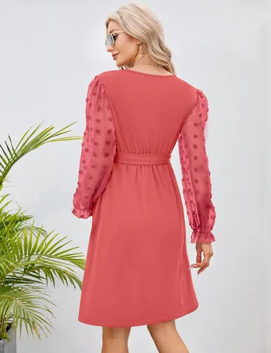 Vista 5 de Vestido de maternidad de manga larga con lunares suizos, cuello en V, para otoño, casual, bohemio, vestido midi para baby shower, sesión de fotos