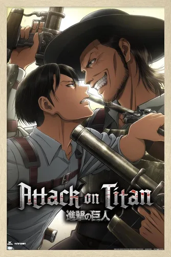 Vista 7 de Attack on Titan: Season 3 - Póster de pared de estancamiento, 22.4 pulgadas de largo x 14.7 pulgadas, versión enmarcada en madera de granero
