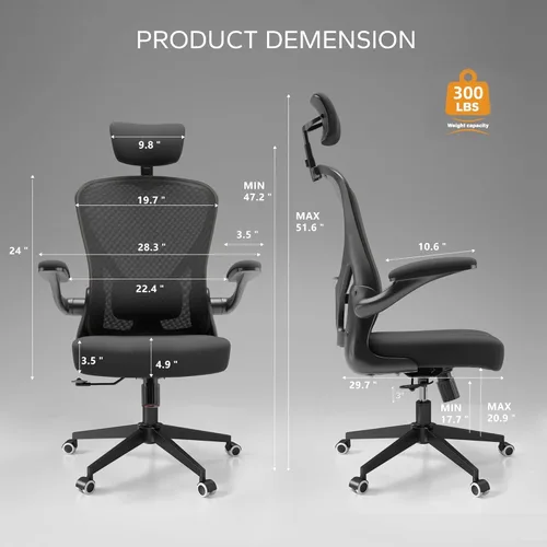 Vista 2 de Silla de oficina cómoda con respaldo alto y malla transpirable 350LBS Capacity Ergonomic Office Chair with Adjustable Lumbar Support & Flip-Up