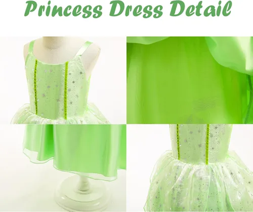 Vista 3 de Carkno Disfraz de princesa verde para niñas con alas de hada, diadema de flores, accesorios de disfraz, juego de rol de Halloween